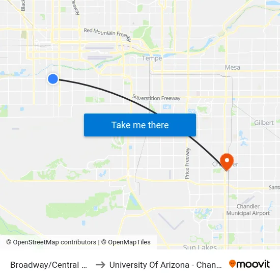 Broadway/Central Ave to University Of Arizona - Chandler map