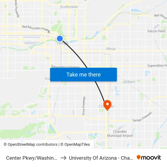 Center Pkwy/Washington to University Of Arizona - Chandler map