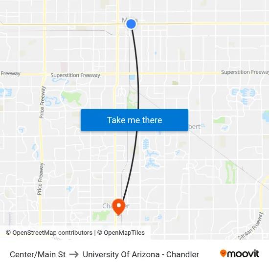 Center/Main St to University Of Arizona - Chandler map