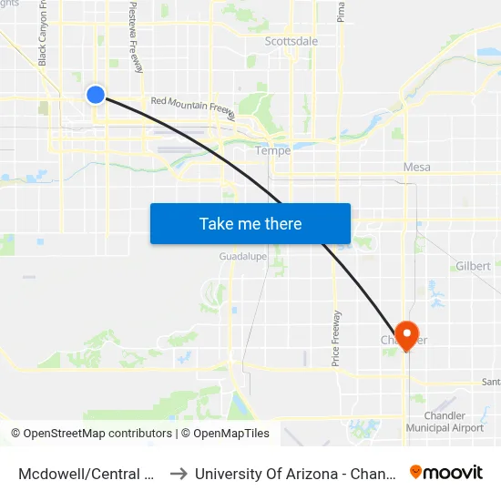 Mcdowell/Central Ave to University Of Arizona - Chandler map
