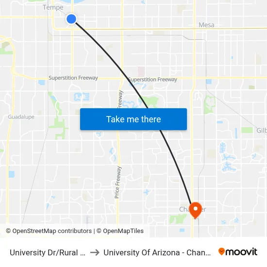 University Dr/Rural Rd to University Of Arizona - Chandler map
