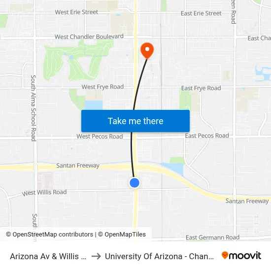 Arizona Av & Willis Rd to University Of Arizona - Chandler map