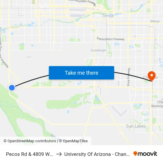 Pecos Rd & 4809 West to University Of Arizona - Chandler map