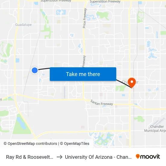 Ray Rd & Roosevelt Av to University Of Arizona - Chandler map