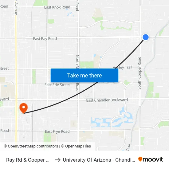 Ray Rd & Cooper Rd to University Of Arizona - Chandler map