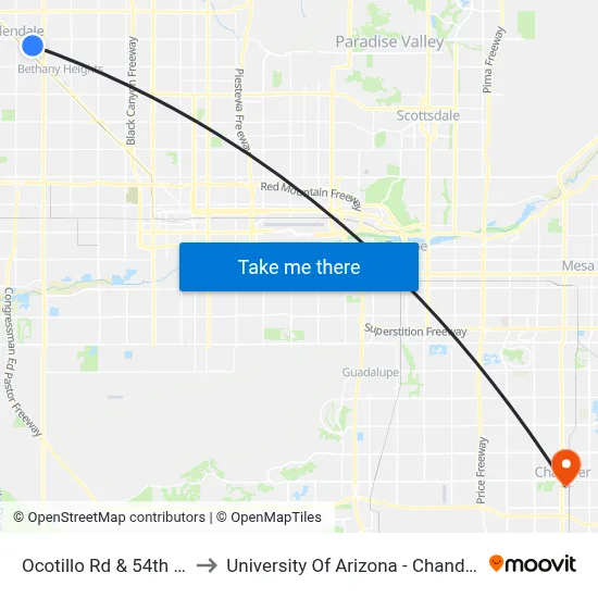 Ocotillo Rd & 54th Dr to University Of Arizona - Chandler map