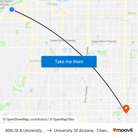 40th St & University Dr to University Of Arizona - Chandler map