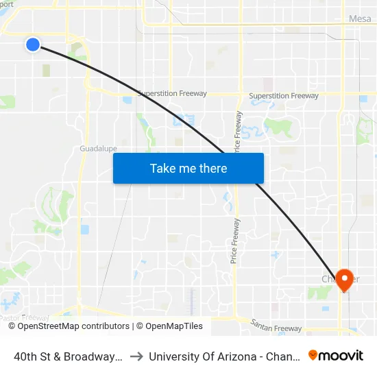 40th St & Broadway Rd to University Of Arizona - Chandler map