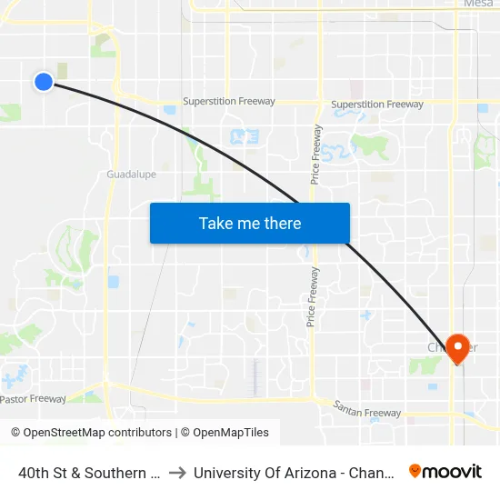 40th St & Southern Av to University Of Arizona - Chandler map