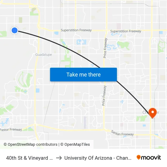 40th St & Vineyard Rd to University Of Arizona - Chandler map