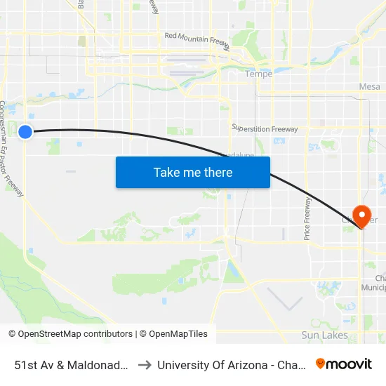 51st Av & Maldonado Rd to University Of Arizona - Chandler map