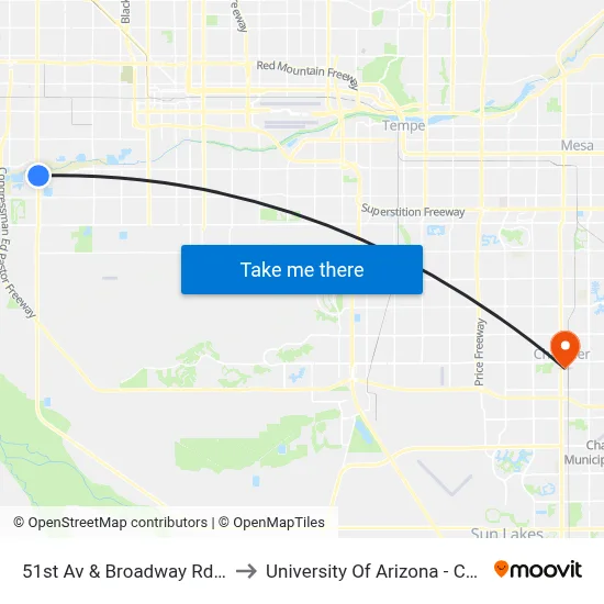 51st Av & Broadway Rd South to University Of Arizona - Chandler map