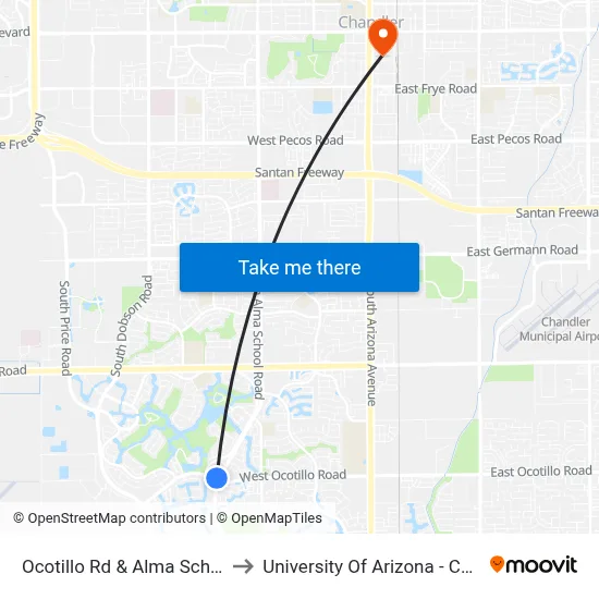 Ocotillo Rd & Alma School Rd to University Of Arizona - Chandler map
