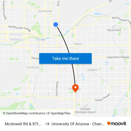 Mcdowell Rd & 87th St to University Of Arizona - Chandler map