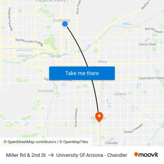 Miller Rd & 2nd St to University Of Arizona - Chandler map