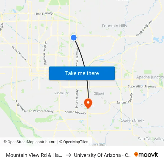 Mountain View Rd & Hayden Rd to University Of Arizona - Chandler map