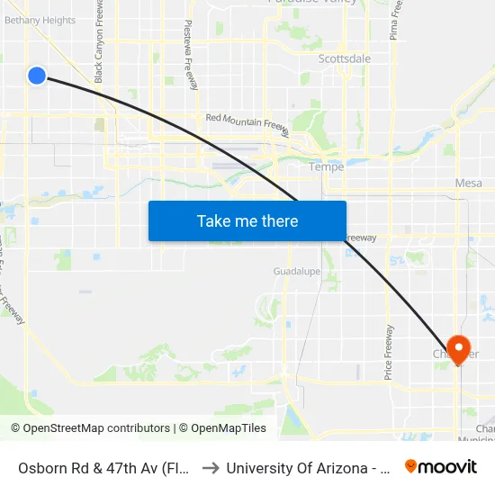 Osborn Rd & 47th Av (Flag Zone) to University Of Arizona - Chandler map