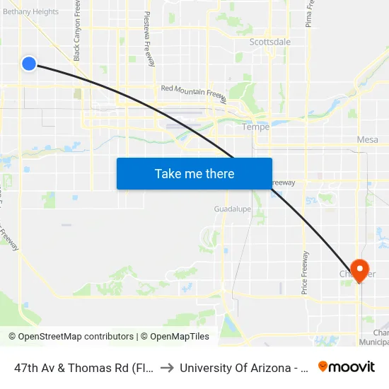 47th Av & Thomas Rd (Flag Zone) to University Of Arizona - Chandler map