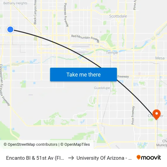 Encanto Bl & 51st Av (Flag Zone) to University Of Arizona - Chandler map