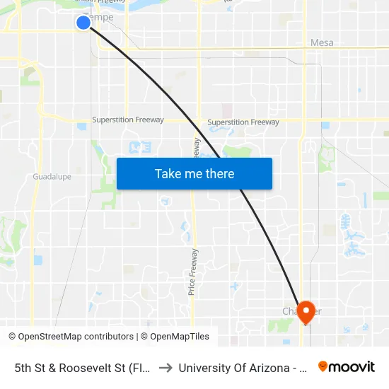 5th St & Roosevelt St (Flag Zone) to University Of Arizona - Chandler map