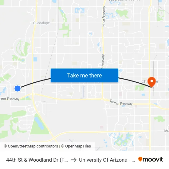 44th St & Woodland Dr (Flag Zone) to University Of Arizona - Chandler map