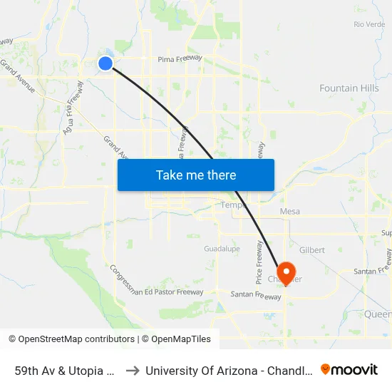 59th Av & Utopia Rd to University Of Arizona - Chandler map