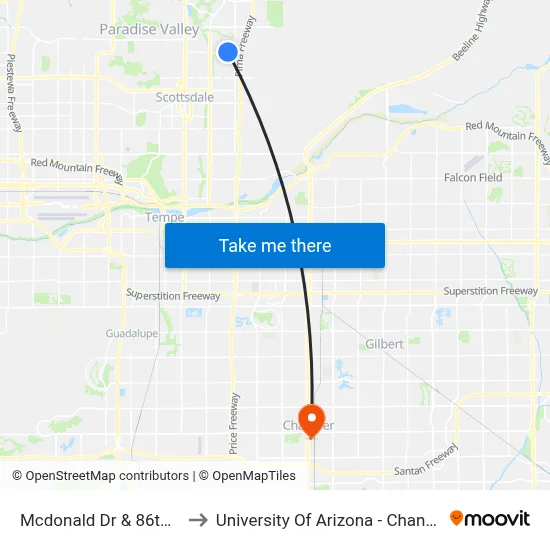 Mcdonald Dr & 86th St to University Of Arizona - Chandler map