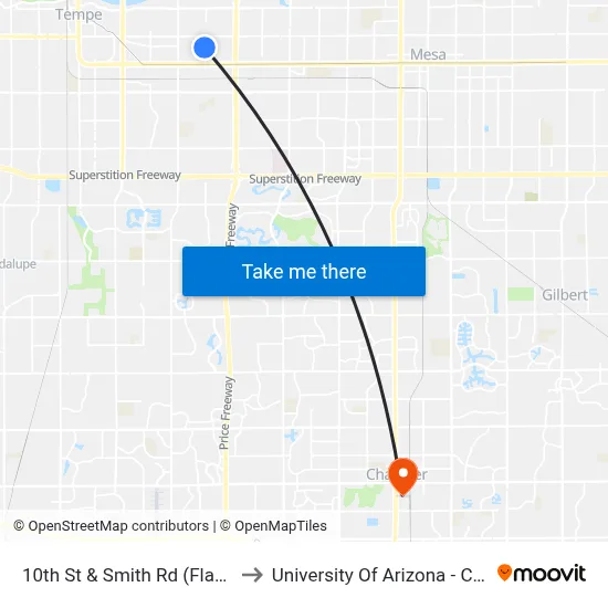 10th St & Smith Rd (Flag Zone) to University Of Arizona - Chandler map