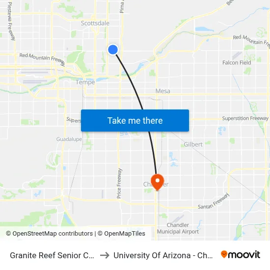 Granite Reef Senior Center to University Of Arizona - Chandler map