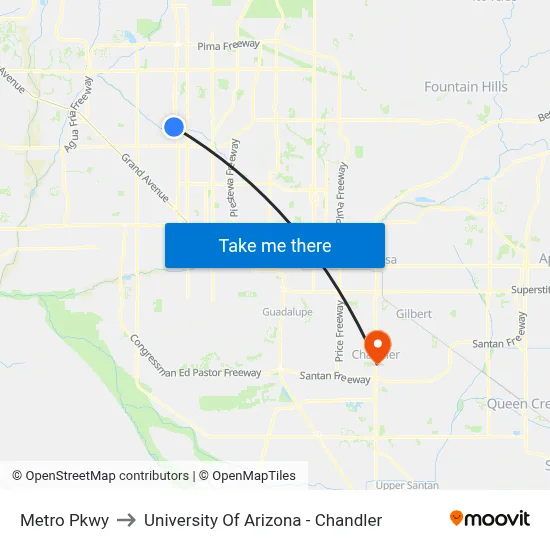 Metro Pkwy to University Of Arizona - Chandler map