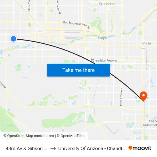 43rd Av & Gibson St to University Of Arizona - Chandler map