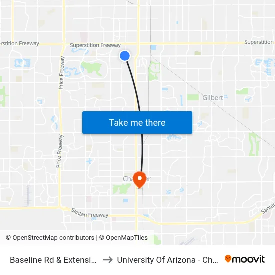 Baseline Rd & Extension Rd to University Of Arizona - Chandler map