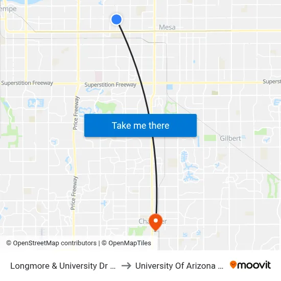 Longmore & University Dr (Flag Zone) to University Of Arizona - Chandler map