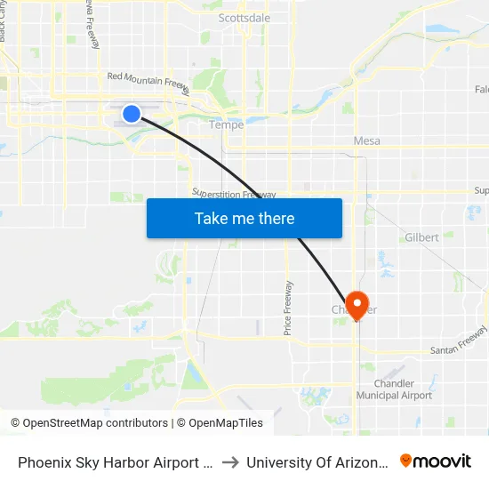 Phoenix Sky Harbor Airport Amtrak Station to University Of Arizona - Chandler map