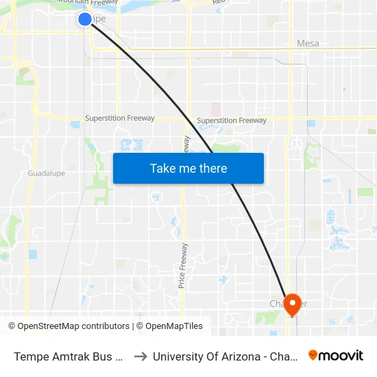 Tempe Amtrak Bus Stop to University Of Arizona - Chandler map