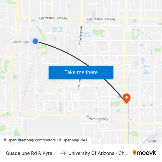 Guadalupe Rd & Kyrene Rd to University Of Arizona - Chandler map