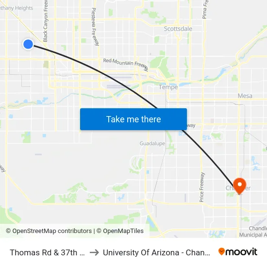 Thomas Rd & 37th Av to University Of Arizona - Chandler map