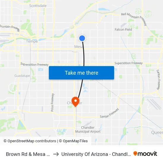Brown Rd & Mesa Dr to University Of Arizona - Chandler map