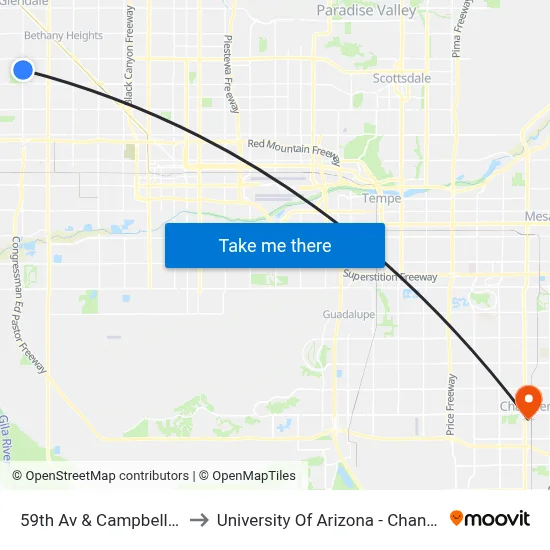 59th Av & Campbell Av to University Of Arizona - Chandler map