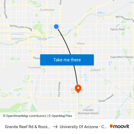 Granite Reef Rd & Roosevelt St to University Of Arizona - Chandler map