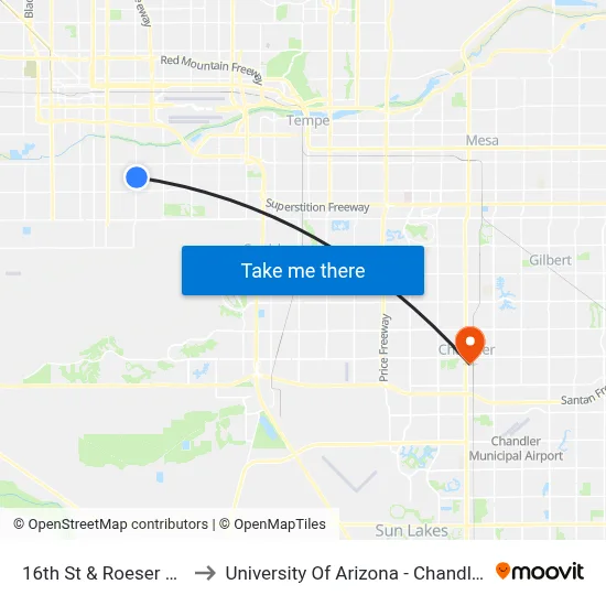 16th St & Roeser Rd to University Of Arizona - Chandler map