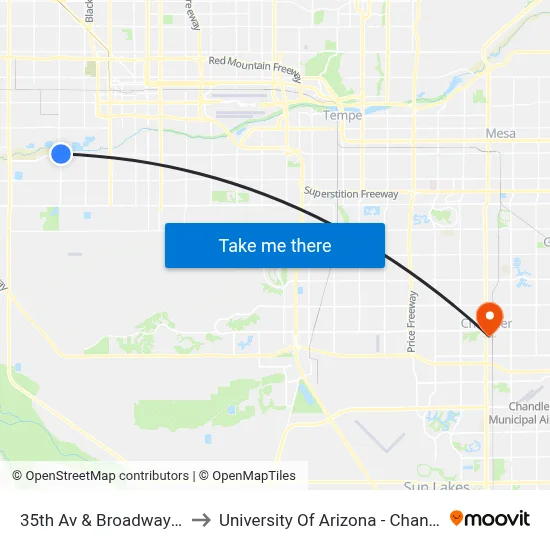 35th Av & Broadway Rd to University Of Arizona - Chandler map