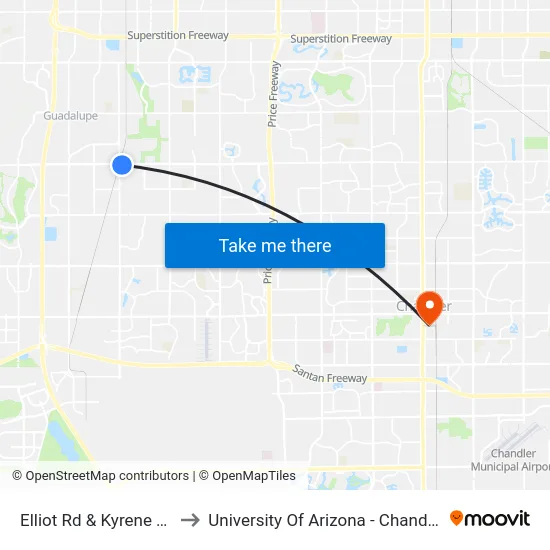 Elliot Rd & Kyrene Rd to University Of Arizona - Chandler map