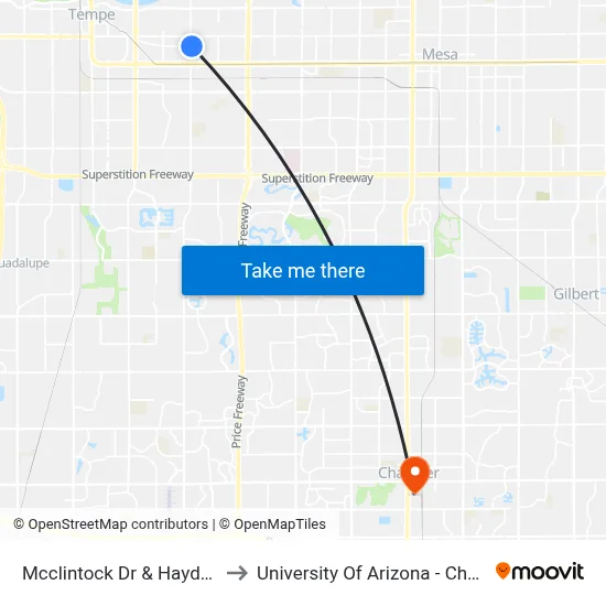Mcclintock Dr & Hayden Ln to University Of Arizona - Chandler map