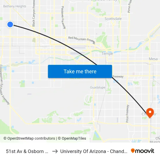 51st Av & Osborn Rd to University Of Arizona - Chandler map