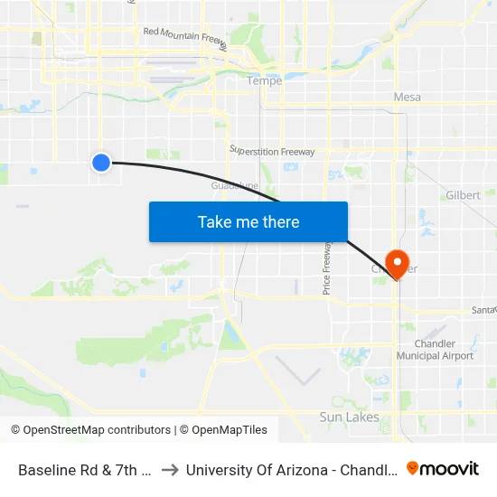 Baseline Rd & 7th St to University Of Arizona - Chandler map