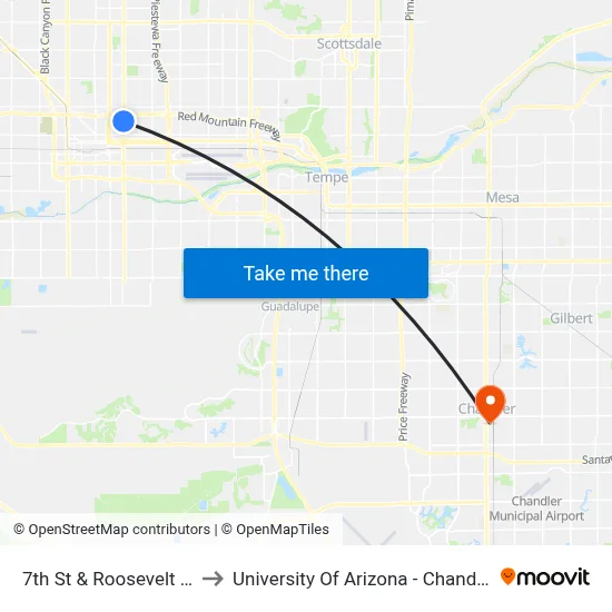 7th St & Roosevelt St to University Of Arizona - Chandler map