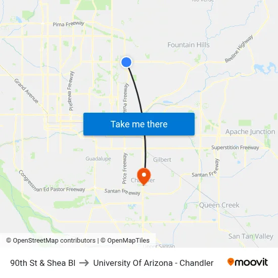 90th St & Shea Bl to University Of Arizona - Chandler map