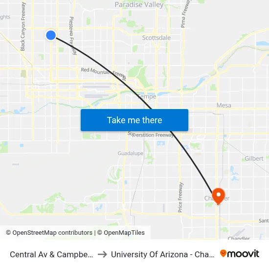 Central Av & Campbell Av to University Of Arizona - Chandler map