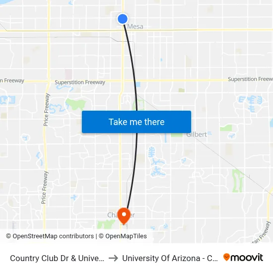 Country Club Dr & University Dr to University Of Arizona - Chandler map
